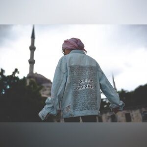 SEEK REFUGE Arabic Distressed Light Wash Denim Jacket Oversize SZ S Palestine